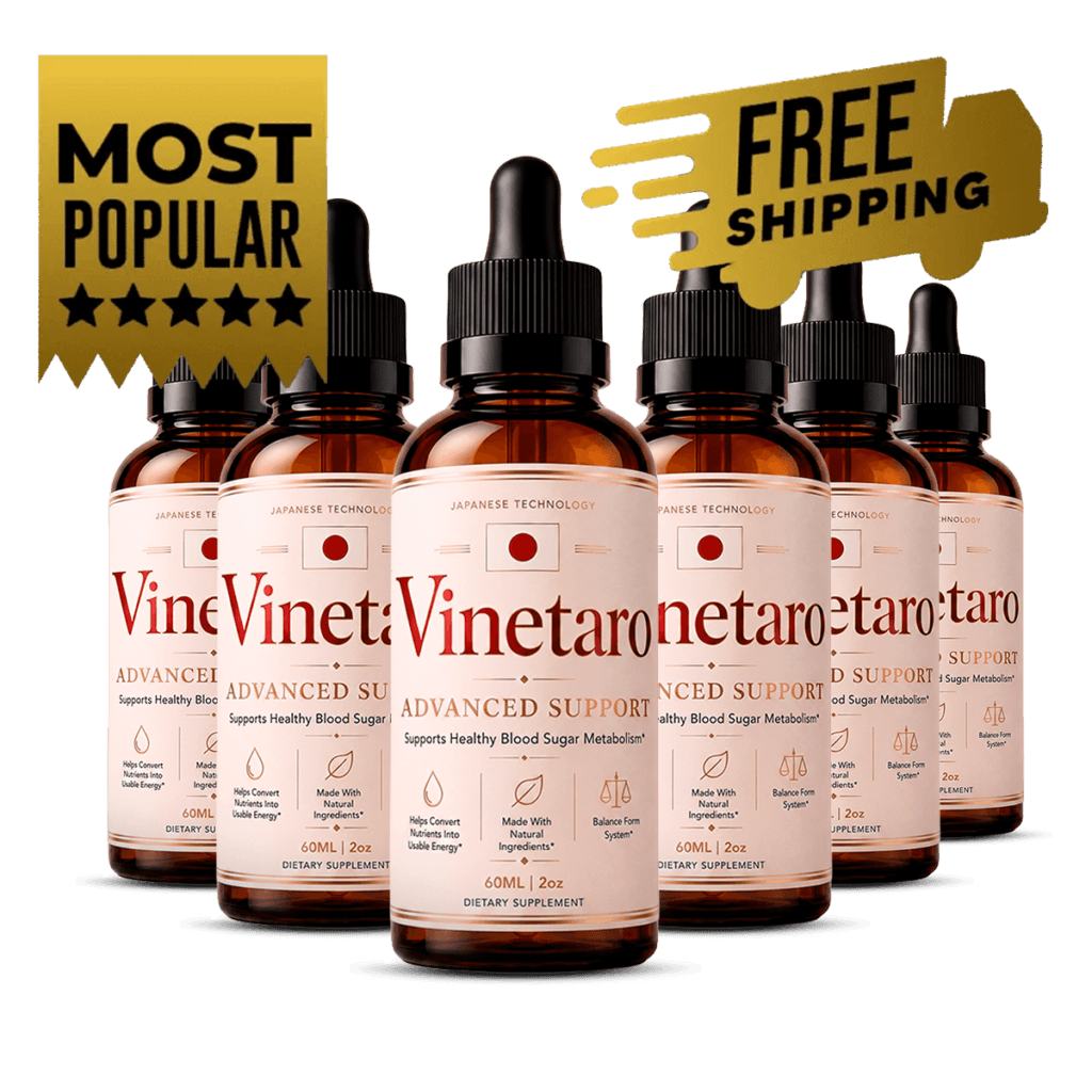 three amber glass dropper bottles of Vinetaro liquid supplement with cream burgundy label clustered 