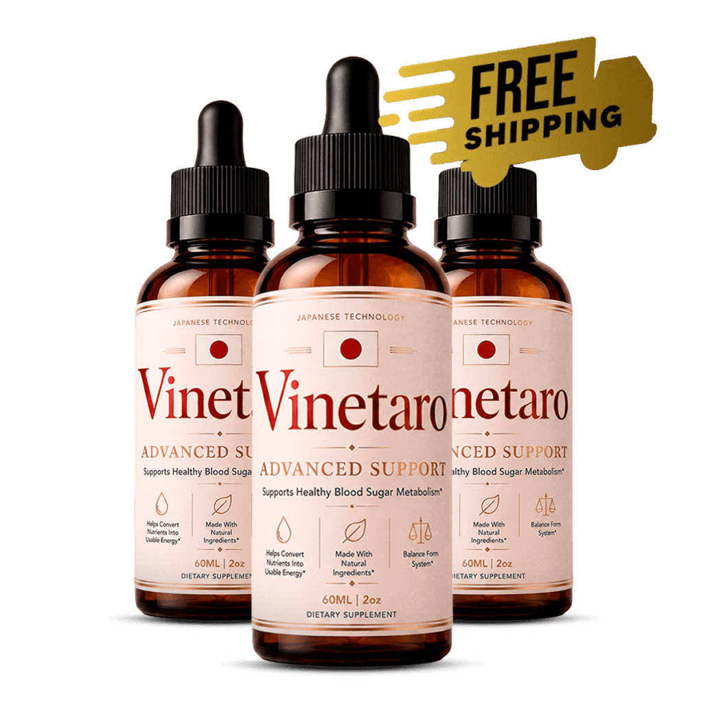 three amber glass dropper bottles of Vinetaro liquid supplement with cream burgundy label arranged t